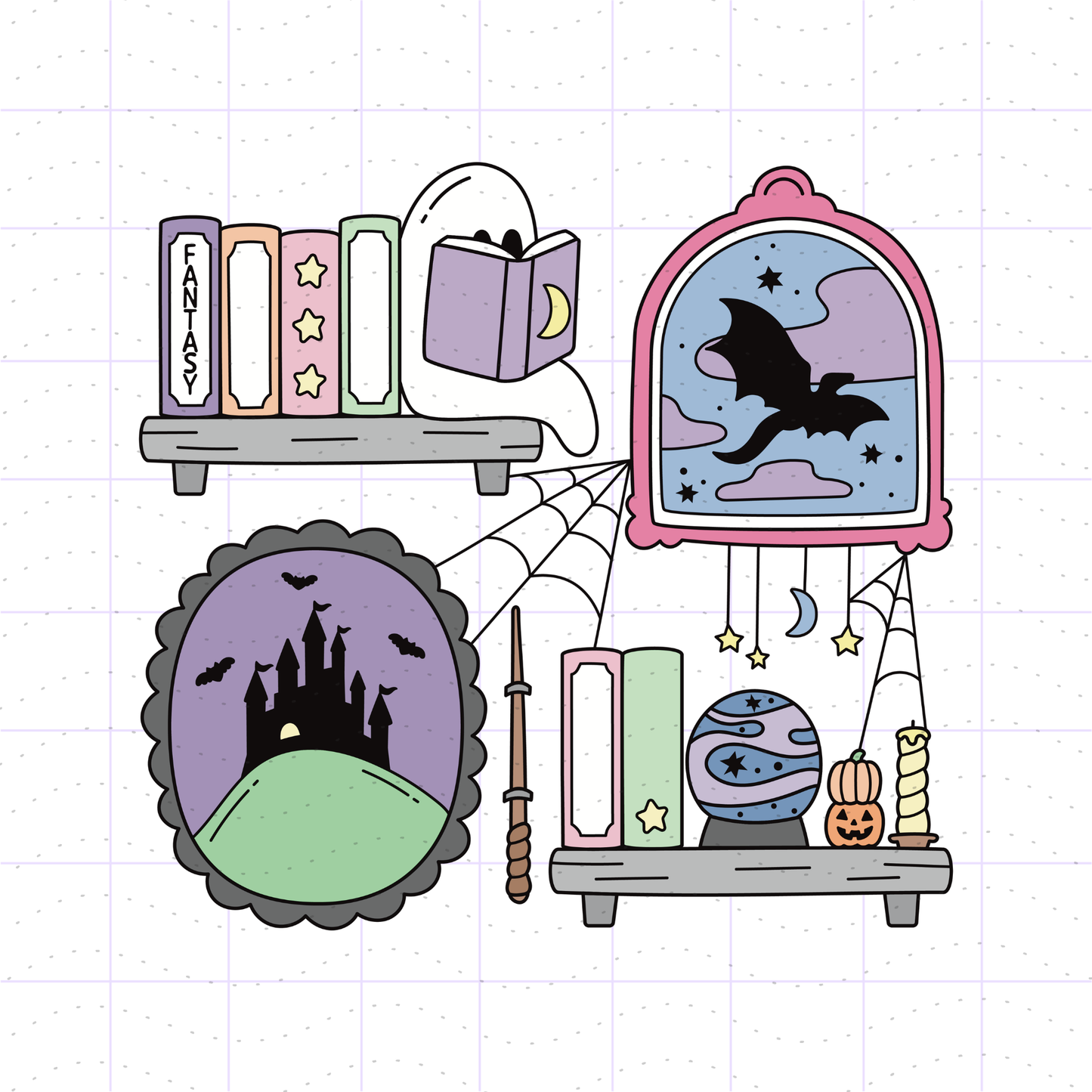 A cute, hand-drawn style Halloween illustration featuring a ghost reading a book on a shelf, a pink-framed window with a bat, a castle under a full moon, spiderwebs, a wand, books, a pumpkin, and a candle on a light grid background.
