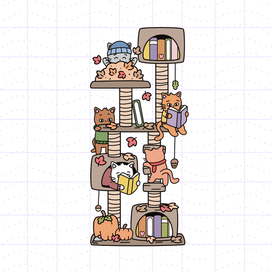 Fall Bookish Cat Tree PNG File