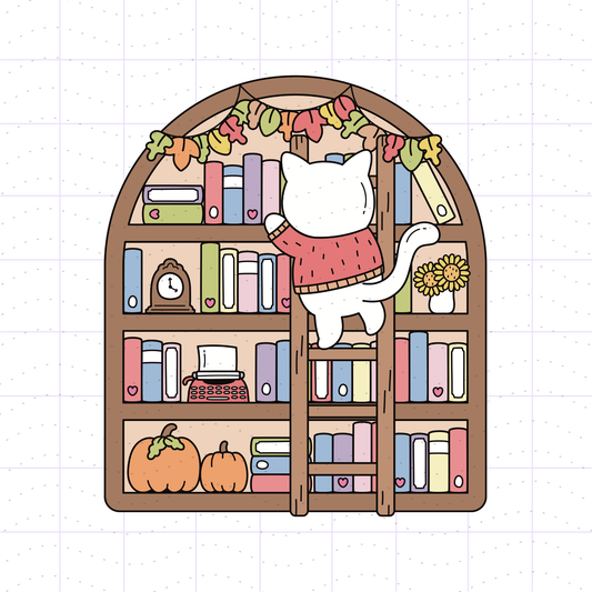 Fall Bookshelf Cat PNG File