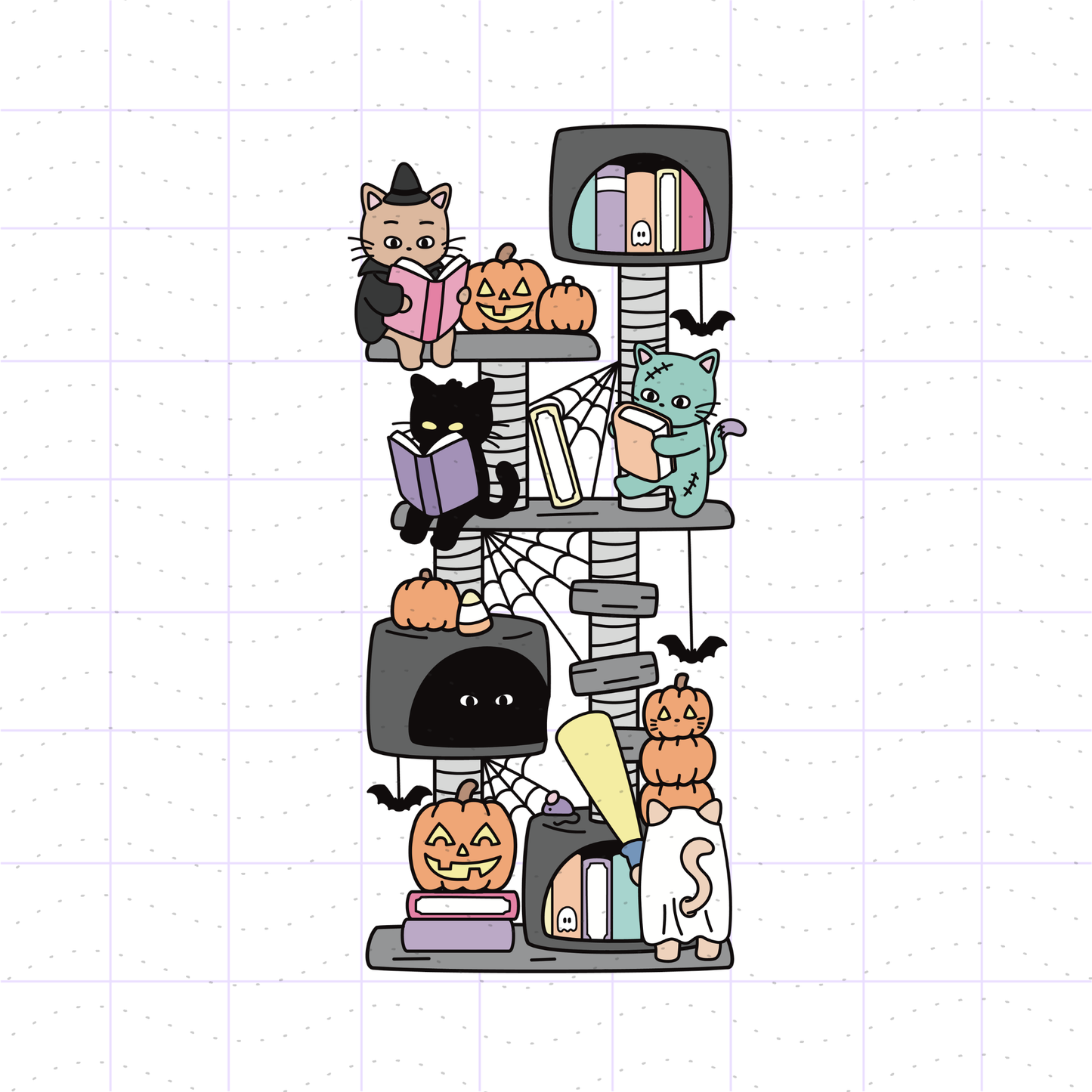 Halloween Bookish Cat Tree PNG File