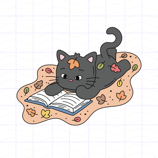 Fall Leaves Reading Cat PNG File