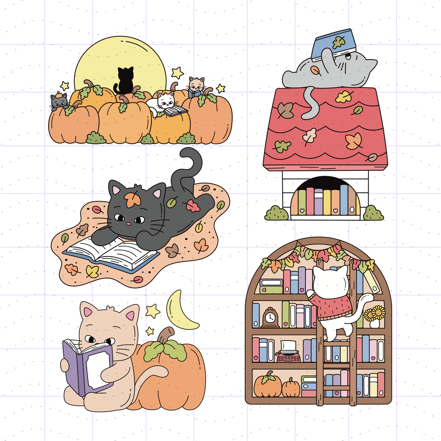 Autumn Bookish Cat Bundle PNG Files