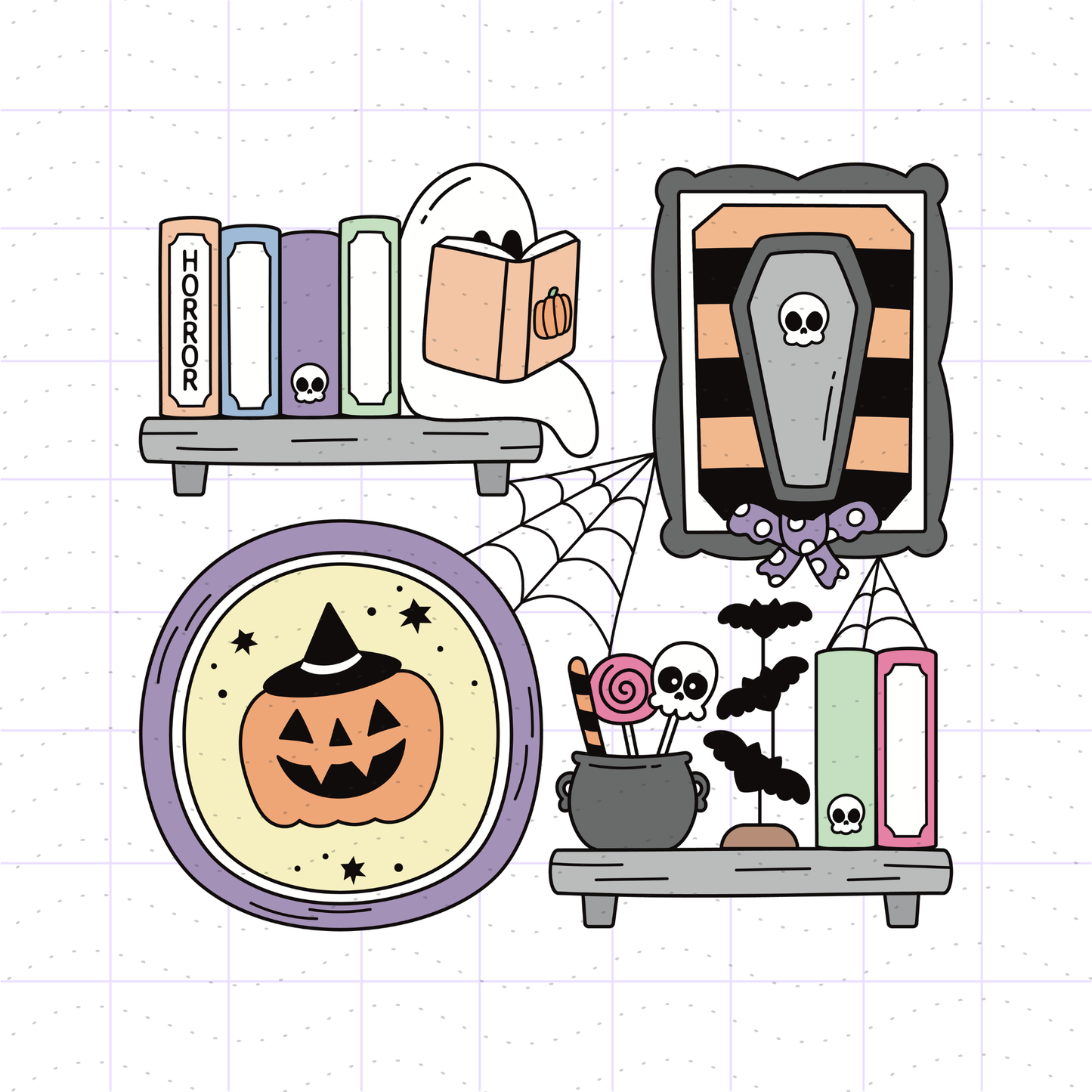 A cute, hand-drawn Halloween-themed illustration featuring shelves with a pumpkin plate, books, a coffin picture frame, a cauldron with bats and lollipops, and a ghost, all on a light grid background.