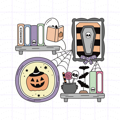 A cute, hand-drawn Halloween-themed illustration featuring shelves with a pumpkin plate, books, a coffin picture frame, a cauldron with bats and lollipops, and a ghost, all on a light grid background.