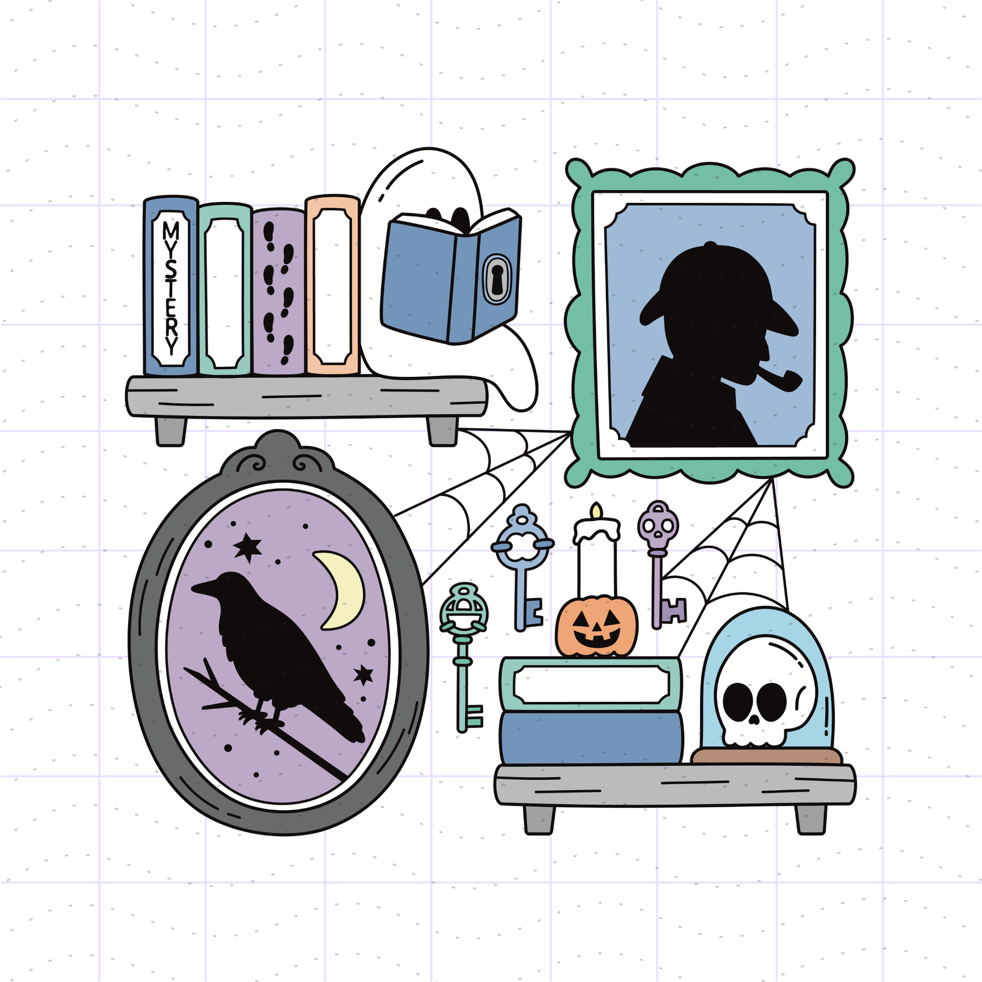 A Halloween-themed illustration featuring a black silhouette of a witch on a purple background inside an oval frame, a bookshelf with books, a blue book with a keyhole, spiderwebs, a jack-o'-lantern, a skull in a glass dome, and a ghost holding a book, all drawn in a simple line-art style on a light grid background.