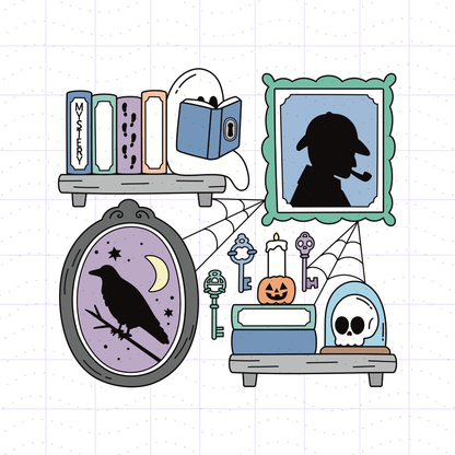 A Halloween-themed illustration featuring a black silhouette of a witch on a purple background inside an oval frame, a bookshelf with books, a blue book with a keyhole, spiderwebs, a jack-o'-lantern, a skull in a glass dome, and a ghost holding a book, all drawn in a simple line-art style on a light grid background.