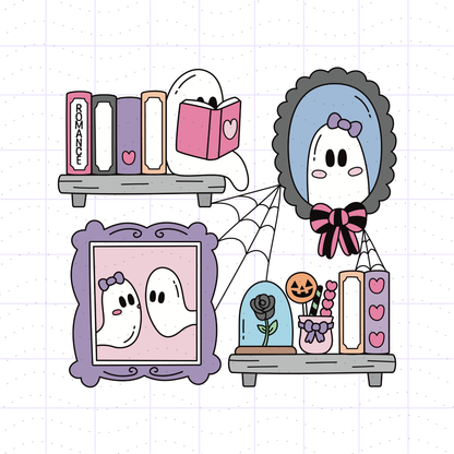 2 gray shelves with books, a ghost reading, black rose in a jar, a vase full of Halloween candy, a purple frame with a ghost couple, a gray frame with a pink and black bow and a ghost girl with a bow