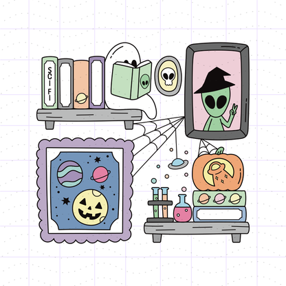 A whimsical hand-drawn illustration on a light grid background featuring Halloween-themed objects: books with alien faces, a ghost reading, a framed alien portrait, a pumpkin with alien eyes, a moon-and-planet frame, and small sci-fi props connected by spiderwebs.
