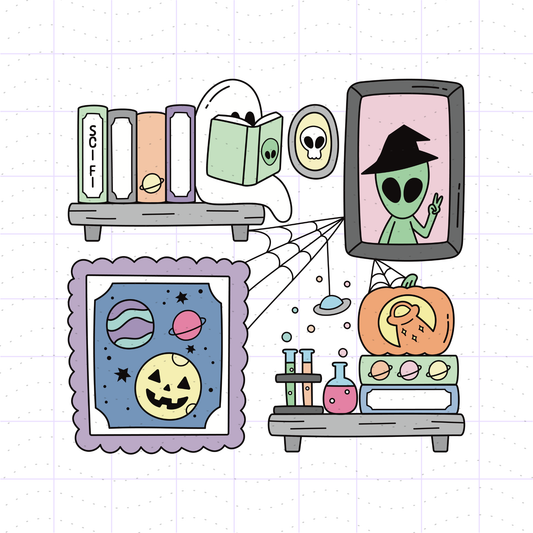 A whimsical hand-drawn illustration on a light grid background featuring Halloween-themed objects: books with alien faces, a ghost reading, a framed alien portrait, a pumpkin with alien eyes, a moon-and-planet frame, and small sci-fi props connected by spiderwebs.
