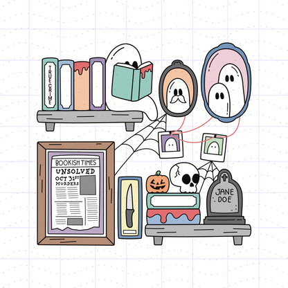 Hand-drawn Halloween-themed illustration featuring ghosts, a skeleton, a pumpkin, a tombstone, books, a newspaper, a knife, and spiderwebs on a light grid background.