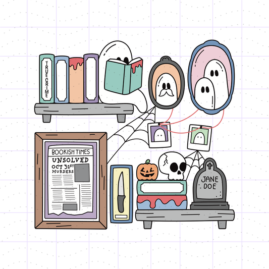 Hand-drawn Halloween-themed illustration featuring ghosts, a skeleton, a pumpkin, a tombstone, books, a newspaper, a knife, and spiderwebs on a light grid background.